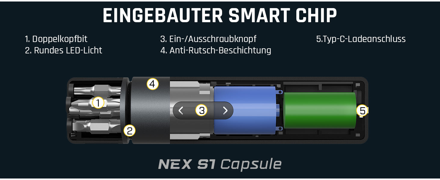 Fanttik NEX S1 Capsule 3,7 V Akkuschrauber, 5Nm Max Akku Schraubendreher, 320 U/min, S2 Magnetbits mit 1/4 Zoll Sechskant, LED-Licht, 5Pcs Doppelseitige Stahl-Bits für Möbel, Haushaltsgeräte