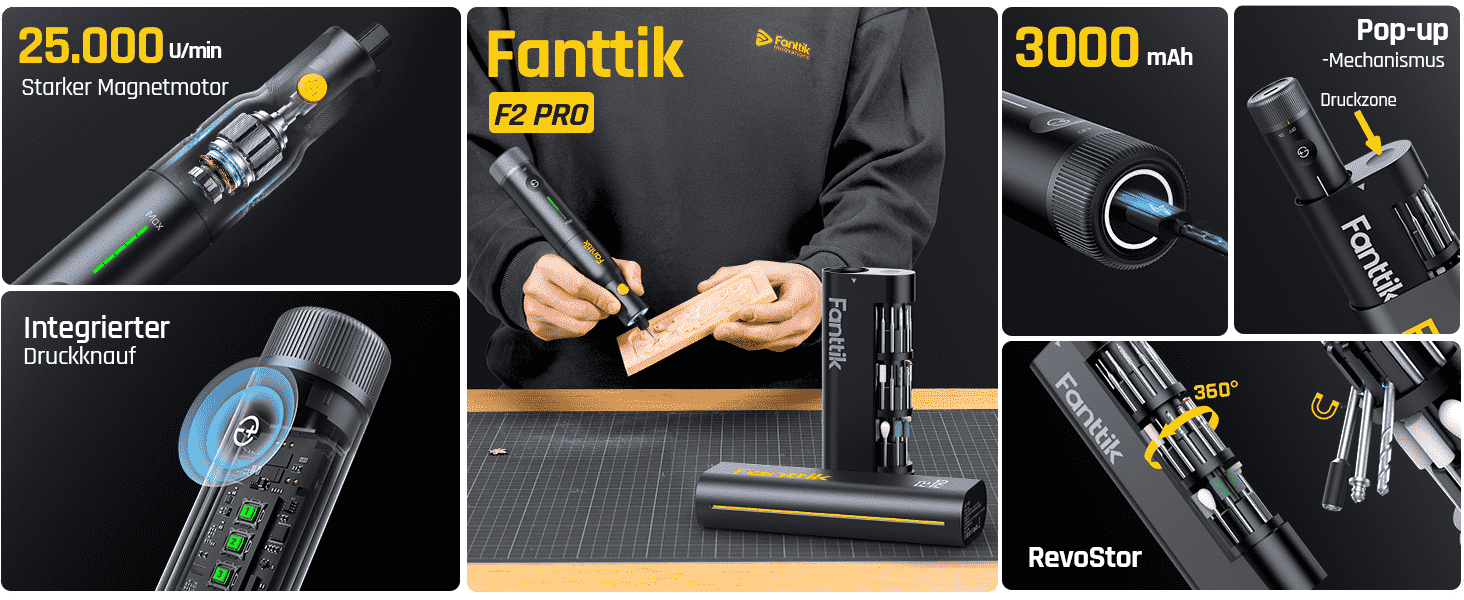 Fanttik F2 PRO Akku Multifunktionswerkzeug, starker Magnetmotor, Revostor-Hub, Rotationswerkzeug Set mit 5 Gang (25000 U/min), zum Schleifen, Polieren, 3D-Druck, Bohren, Schnitzen, Schneiden