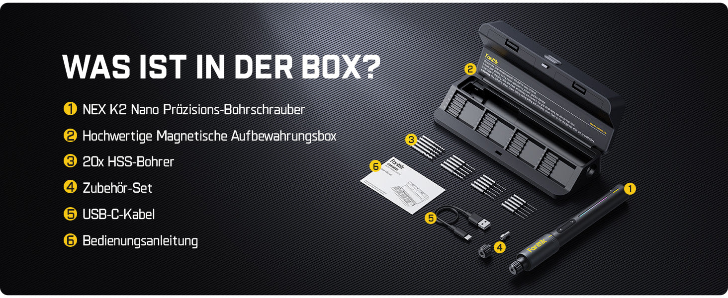 Es enthält 20 hochwertige HSS-Bohrer (von 0,6 mm bis 3,2 mm) und eine winklige Aufbewahrungsbox, die einen einfachen Zugriff und eine einfache Organisation ermöglicht. Die kleinen Fächer eignen sich zur Aufbewahrung von Zubehör und anderen kleinen Gegenständen und verbinden Funktionalität mit Ästhetik. Es ist ein unverzichtbares, hocheffizientes Werkzeug für DIY-Enthusiasten und kreative Köpfe.