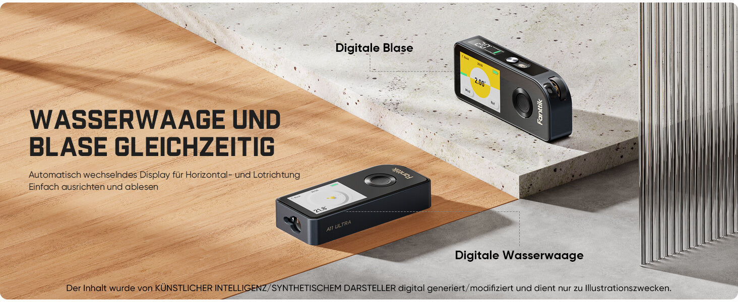 Der Fanttik A11 Ultra verfügt über eine integrierte 3-Achsen-Digitalwasserwaage sowie eine digitale Blase. Das Display wechselt automatisch zwischen Horizontal- und Lotrichtung, damit Sie Objekte unkompliziert ausrichten und Messwerte einfach ablesen – Nivellieren und Ausloten gleichzeitig möglich.