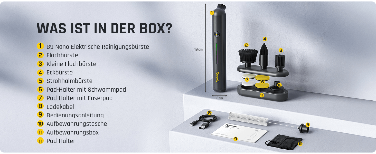 Fanttik G9 Nano Elektrischer Spin Scrubber, kabellose Fugenbürste, Typ-C-Ladung, LED-Anzeige, IPX7, 8 Aufsätze für Fugen, Ecken – Schwarz