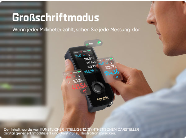 Der praktische Großschriftmodus vergrößert die Messwerte auf dem IPS-Touchdisplay. Alle Messergebnisse lassen sich auch bei ungünstigen Lichtverhältnissen klar erkennen, damit Sie auch bei millimetergenauen Arbeiten stets den Überblick behalten.