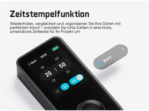 Mit der Zeitstempelfunktion versehen Sie alle Messdaten mit einer Uhrzeit. Sie können Messwerte wieder aufrufen, vergleichen und strukturiert organisieren, um Messdaten übersichtlich für Ihr Bauprojekt aufzubereiten.