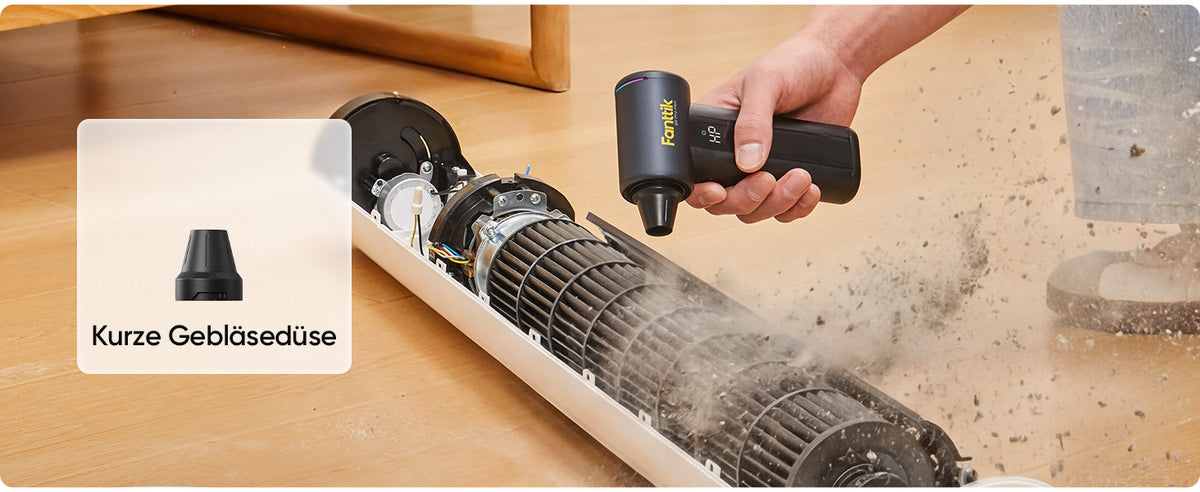 Anwendungsbeispiel mit der Kurzen Gebläsedüse
Das Gebläse bläst Staub und Schmutz aus der Walze eines Standventilators. Die kurze Düse konzentriert den Luftstrom ideal, um tief sitzenden Staub aus Lüftungsanlagen, Ventilatoren und Geräteschlitzen zu beseitigen.